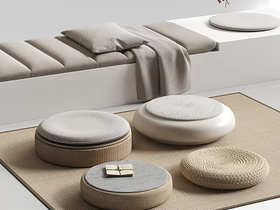 Soft Gray Pillow on White Bench with Gray Blanket and Woven Floor Cushions 3d model