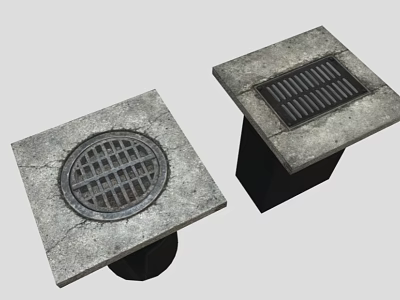 Two Square Concrete Manhole Covers With Grid Design And Black Base 3d model