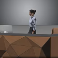 Modern Brown Reception Desk With Geometric Pattern Design Computer Monitor And Chair Interior