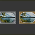 Silver and Wooden Decorative Photo Frames with Lake View and Tree Displayed on Reflective Surface