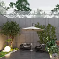 Modern Garden Landscape with Glass Roof Gray Walls Trees Outdoor Seating Wooden Deck and Lighting