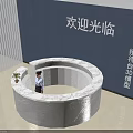 Modern Curved Marble Reception Desk With Staff Blue Welcome Wall And Plant