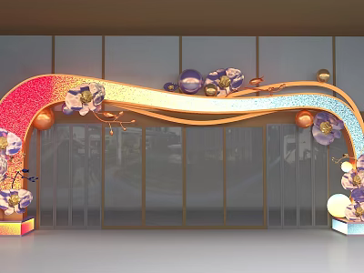 Event Gateway With Arched Design Golden Balls Colorful Flowers And Lighting Effects 3d model