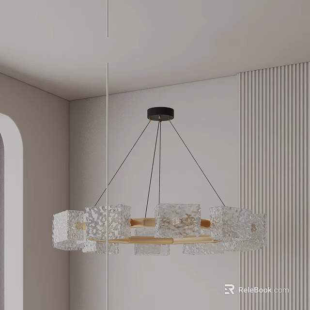 Modern Interior Chandelier With Transparent Square Glass Panels And Wooden Frame On Striped Wall 3d model 