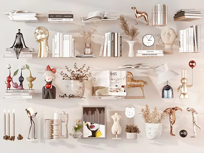 Modern Decorative Ornament Set With Books Vases Sculptures Dried Plants And Clock 3d model