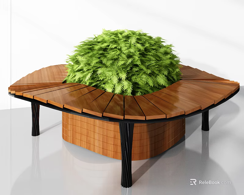 Wooden Outdoor Chair With Round Design And Central Green Plant And Metal Legs 3d model 