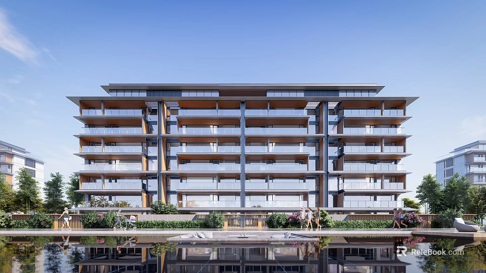 Modern Multi Storey Apartment Building With Balconies And Waterfront Landscaping 3d model 