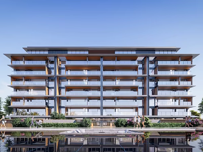 Modern Multi Storey Apartment Building With Balconies And Waterfront Landscaping 3d model