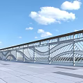 Outdoor White Wave Patterned Railing With Wooden Handrail And Stone Tile Floor