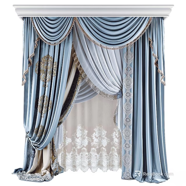 Elegant Blue Curtains with Ornate Pleats Tassels Beige Lining and Lace Details 3d model 