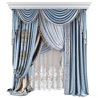 Elegant Blue Curtains with Ornate Pleats Tassels Beige Lining and Lace Details 3d model