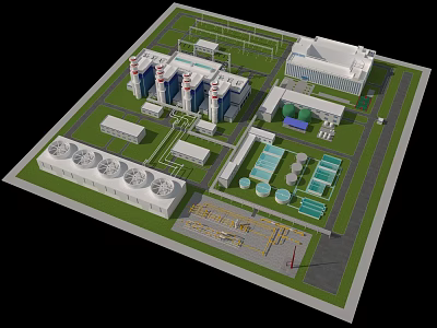 Industrial Plant Facility Layout With Multiple Buildings Cooling Towers Piping Systems And Green Areas 3d model