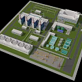 Industrial Plant Facility Layout With Multiple Buildings Cooling Towers Piping Systems And Green Areas