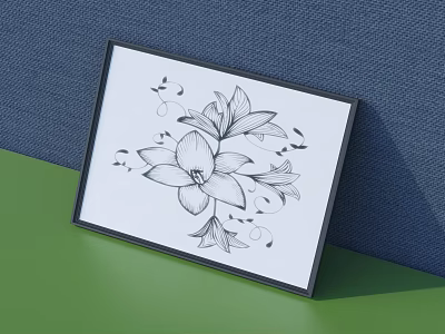 Black And White Framed Floral Line Art For Wall Decor 3d model