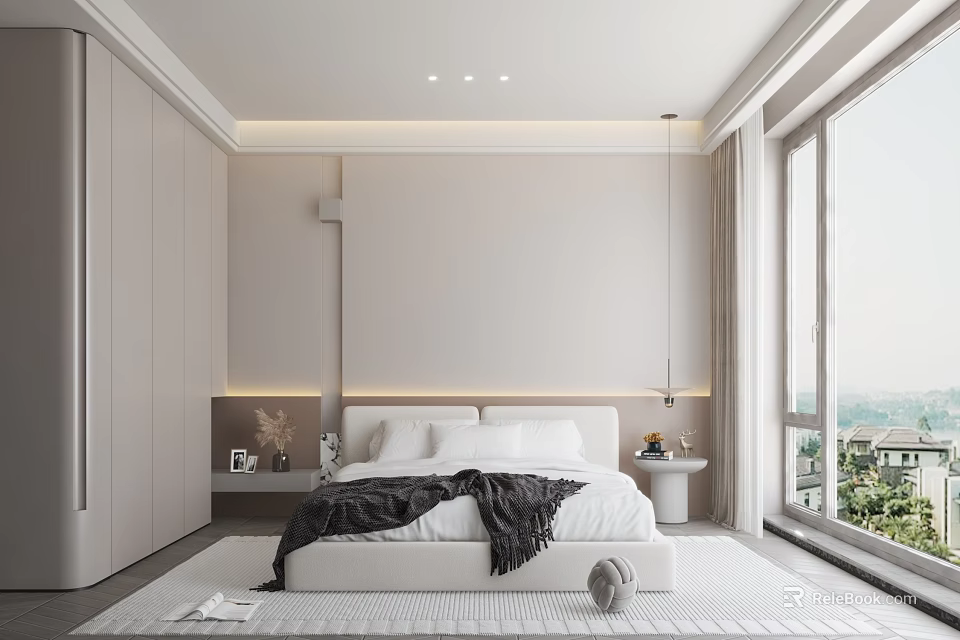 Modern Minimalist Bedroom Interior With White Bed Ambient Lighting And Large Windows 3d model 
