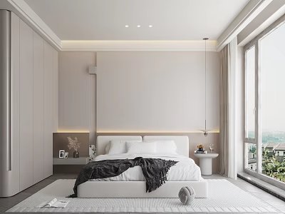 Modern Minimalist Bedroom Interior With White Bed Ambient Lighting And Large Windows 3d model