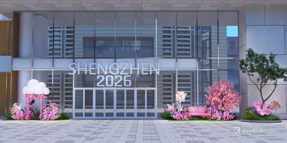 Shenzhen 2026 Modern Glass Building Photo Check In Spot With Pink Blossoms And Bench 3d model 