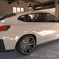 White Sleek Sporty SUV Parked In Interior Garage With Roller Doors And Black Alloy Wheels