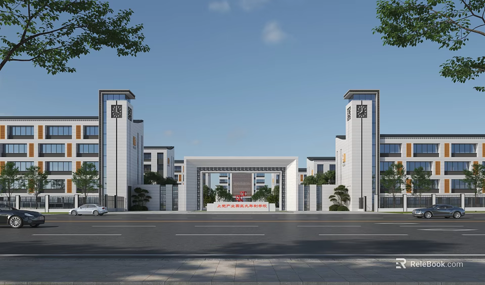 Grand School Building Exterior With Main Gate Twin Towers Classroom Buildings And Green Trees 3d model 