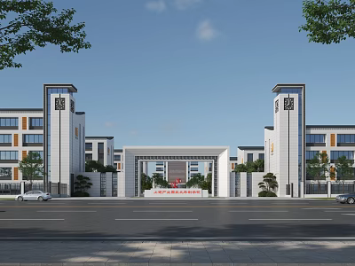Grand School Building Exterior With Main Gate Twin Towers Classroom Buildings And Green Trees 3d model