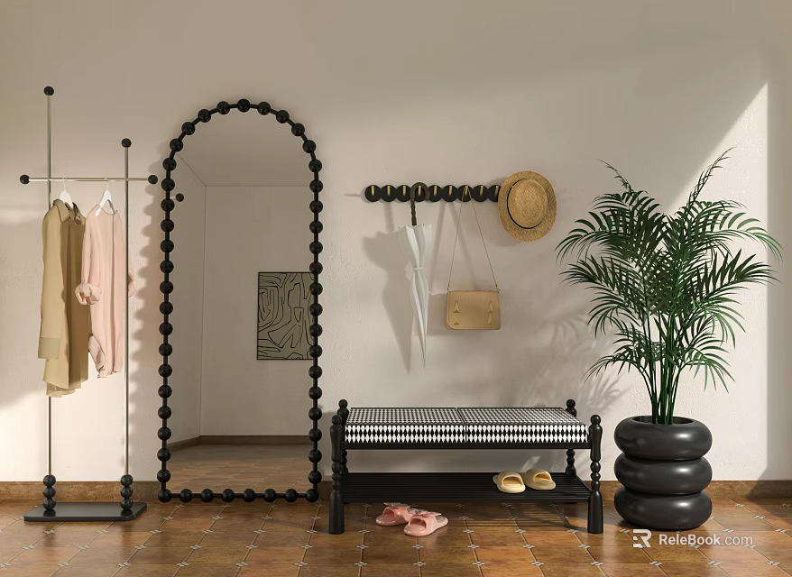 Stylish Entryway With Arched Mirror Coat Rack Wall Hooks Bench Shoes And Potted Plant 3d model 