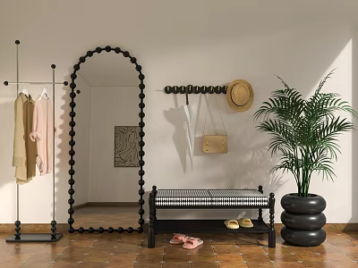 Stylish Entryway With Arched Mirror Coat Rack Wall Hooks Bench Shoes And Potted Plant 3d model