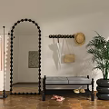 Stylish Entryway With Arched Mirror Coat Rack Wall Hooks Bench Shoes And Potted Plant