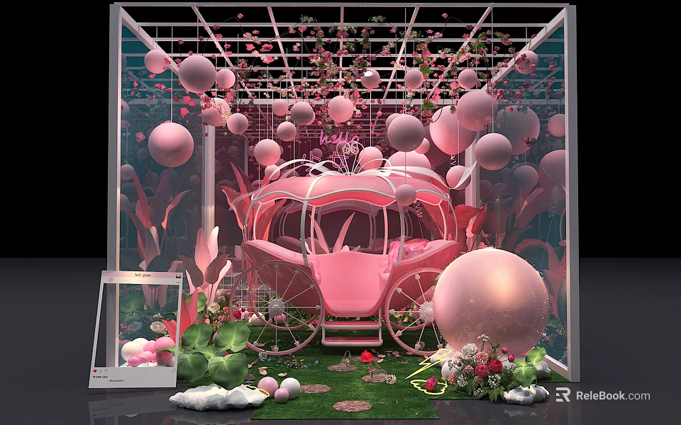 Decorative Pink Carriage In Glass Greenhouse With Balloons And Green Plants 3d model 