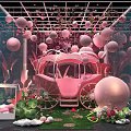 Decorative Pink Carriage In Glass Greenhouse With Balloons And Green Plants
