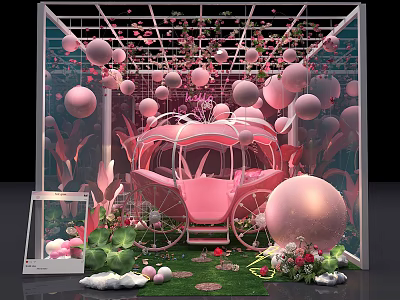 Decorative Pink Carriage In Glass Greenhouse With Balloons And Green Plants 3d model