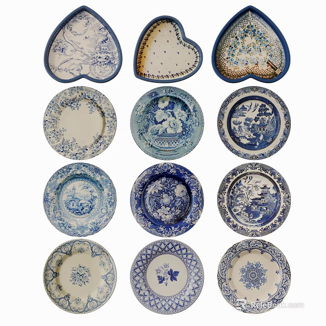 Decorative Blue And White Ceramic Plates Wall Hanging Decor With Various Shapes 3d model 