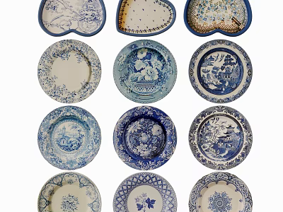 Decorative Blue And White Ceramic Plates Wall Hanging Decor With Various Shapes 3d model