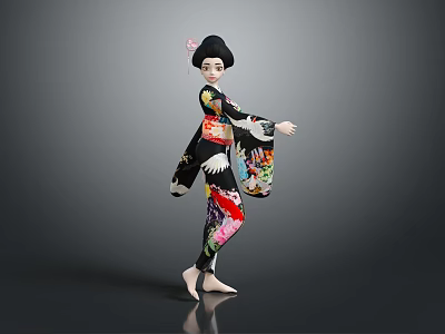 Traditional Geisha Character In Kimono With Crane Patterns Holding Decorative Object 3d model