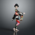 Traditional Geisha Character In Kimono With Crane Patterns Holding Decorative Object