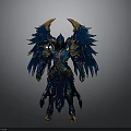 Armored Warrior With Blue Wings And Golden Horns In Ornate Blue Gold Armor