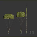 Small Blue Characters Interacting With Green Plant Like Creatures And Parachute Structures