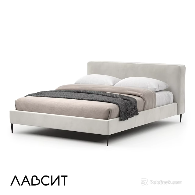Modern Upholstered Double Bed Low Profile Frame Black Legs Soft Pink Bedding Dark Blanket 3d model 