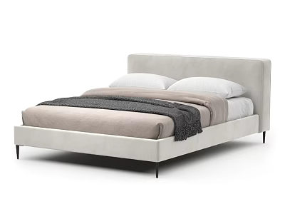Modern Upholstered Double Bed Low Profile Frame Black Legs Soft Pink Bedding Dark Blanket 3d model