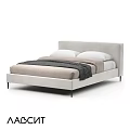 Modern Upholstered Double Bed Low Profile Frame Black Legs Soft Pink Bedding Dark Blanket