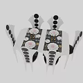 Elegant White Dining Table And Chairs With Black Circular Patterns Wine Glasses And Tableware
