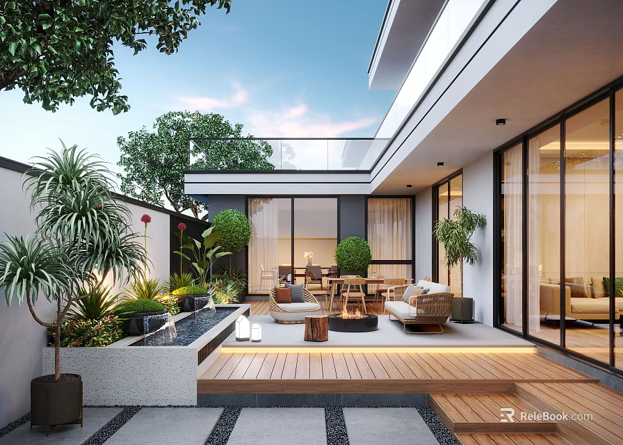 Modern Patio Garden with Wooden Deck Sofa Table Green Plants Water Feature and Glass Doors 3d model 
