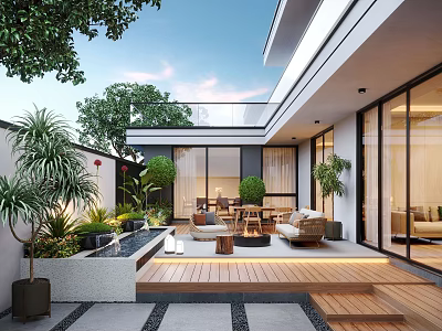 Modern Patio Garden with Wooden Deck Sofa Table Green Plants Water Feature and Glass Doors 3d model