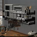 Black Metal Kitchen Shelf With Microwaves Spices Wooden Utensils And Hanging Hooks