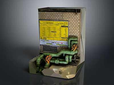 Industrial Hardware Tools With Brick Wall Yellow Control Panel And Green Orange Striped Pipes 3d model