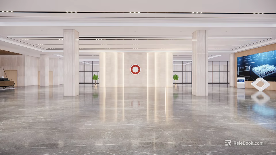 Modern Front Desk Reception With White Pillars Red Circular Logo And Marble Floor 3d model