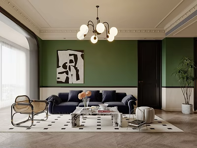 Living Room Interior With Green Walls Chandelier Abstract Painting Navy Blue Sofa And Rug 3d model