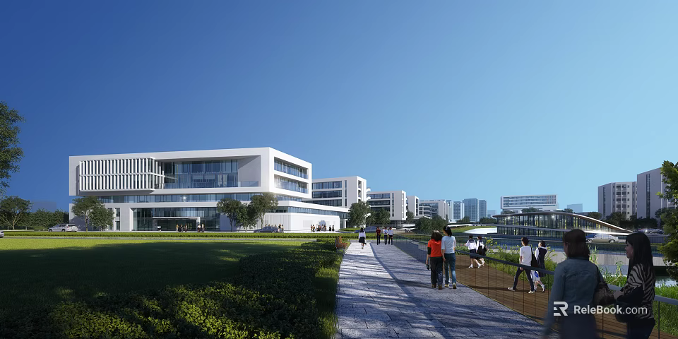 Modern School Campus Building With Green Lawn Walking Path Glass Facade And Students 3d model 