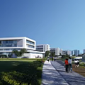 Modern School Campus Building With Green Lawn Walking Path Glass Facade And Students