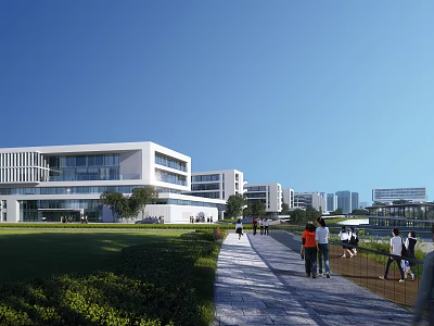 Modern School Campus Building With Green Lawn Walking Path Glass Facade And Students 3d model