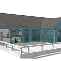Charming Blue Cottage Building With Gray Roof Large Windows White Deck And Green Lawn